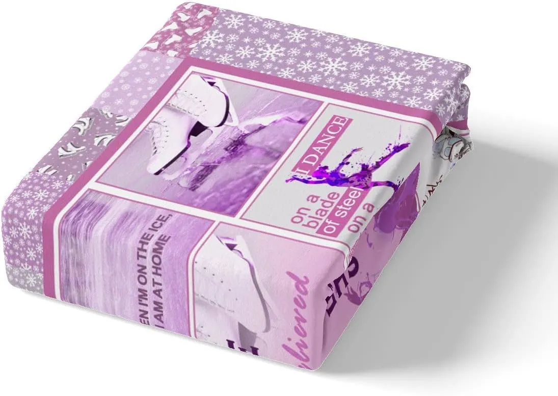 Ice Skating Bedding Set Full Size Girls Pink Grid Sheet Set 4pcs for Kids Teens Women Room Decor Winter Skater Pattern Deep Pocket Fitted Sheet Speed Sports Gaming Bed Sheet,2 Pillowcases