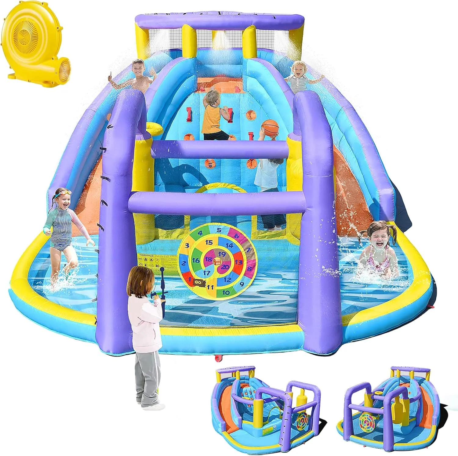 Inflatable Water Slide Bouncy House with Double Slide Water Park with Splash Pool, Climbing Wall, Target Game,Water Gun for Outdoor or Indoor Aged 3-10 Kids and Bouncer with 520W Blower