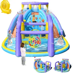 Inflatable Water Slide Bouncy House with Double Slide Water Park with Splash Pool, Climbing Wall, Target Game,Water Gun for Outdoor or Indoor Aged 3-10 Kids and Bouncer with 520W Blower
