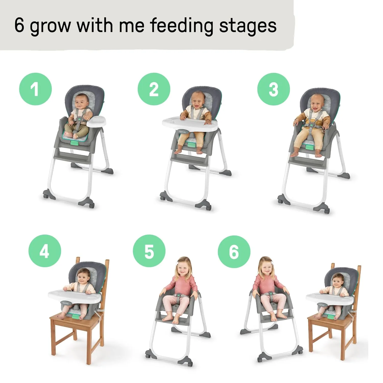 Ingenuity Full Course 6-in-1 High Chair - Baby to 5 Years Old, 6 Convertible Modes, 2 Dishwasher Safe Trays - Astro, 13108