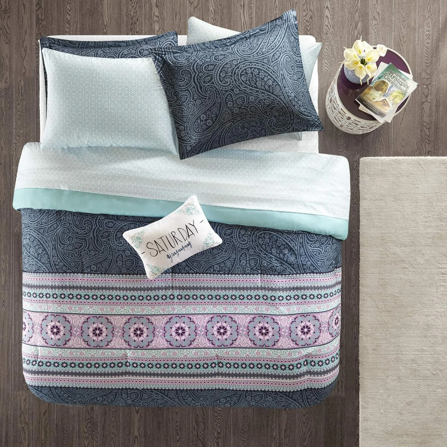 Intelligent Design Gemma Comforter Set Twin XL Size Bed in A Bag - Teal, Medallion Paisley – 7 Piece Bed Sets – Ultra Soft Microfiber Teen Bedding for Girls Bedroom, Blue (ID10-1221)