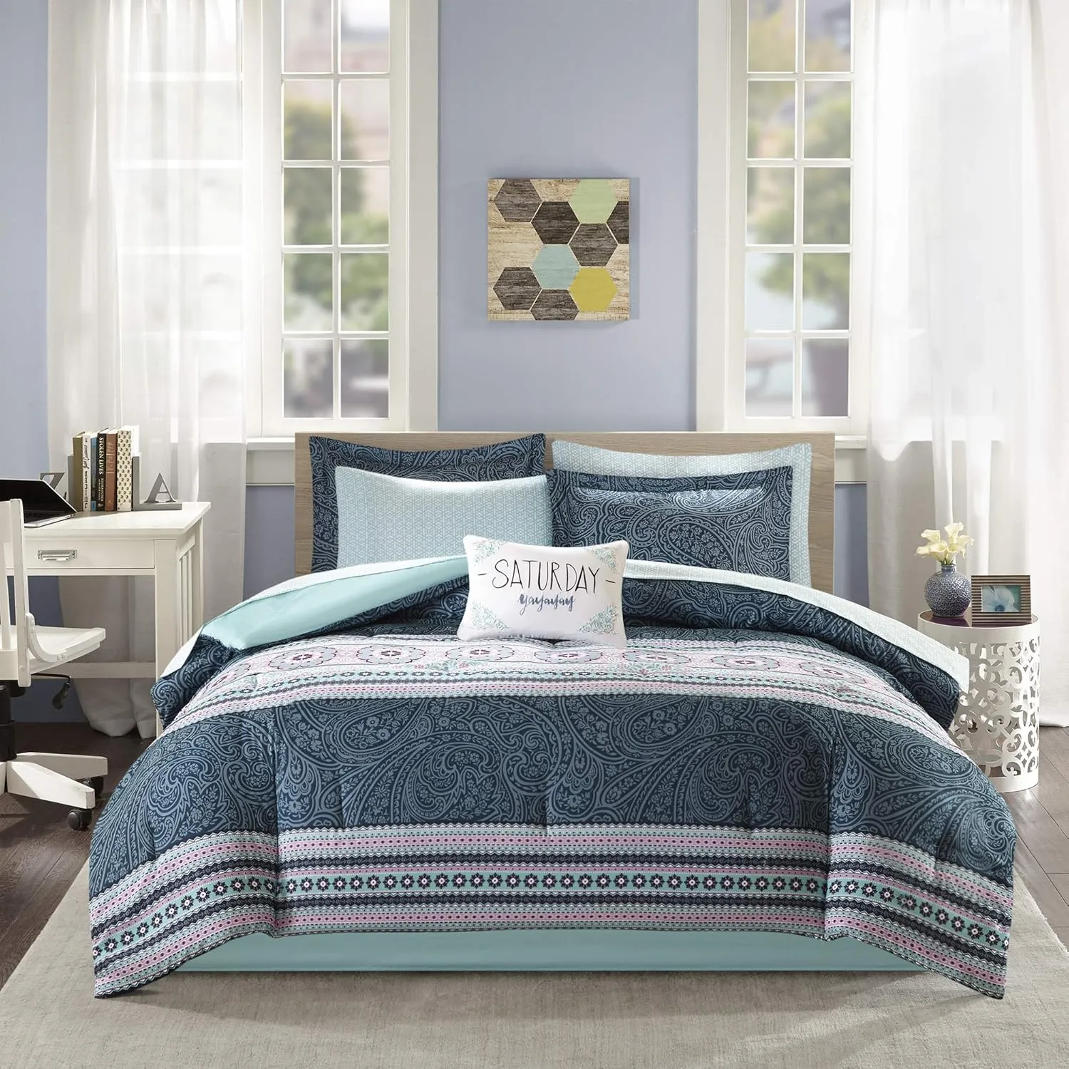 Intelligent Design Gemma Comforter Set Twin XL Size Bed in A Bag - Teal, Medallion Paisley – 7 Piece Bed Sets – Ultra Soft Microfiber Teen Bedding for Girls Bedroom, Blue (ID10-1221)