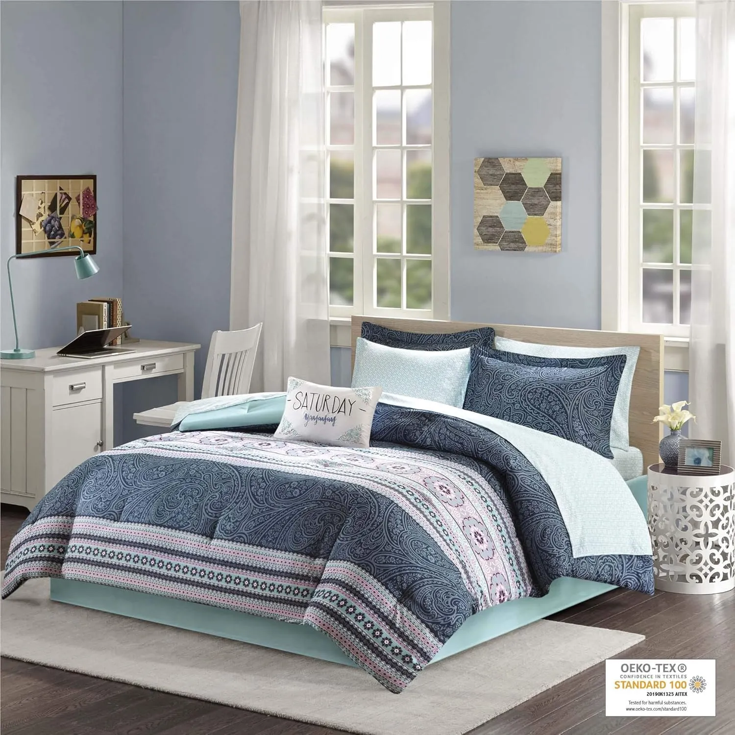 Intelligent Design Gemma Comforter Set Twin XL Size Bed in A Bag - Teal, Medallion Paisley – 7 Piece Bed Sets – Ultra Soft Microfiber Teen Bedding for Girls Bedroom, Blue (ID10-1221)
