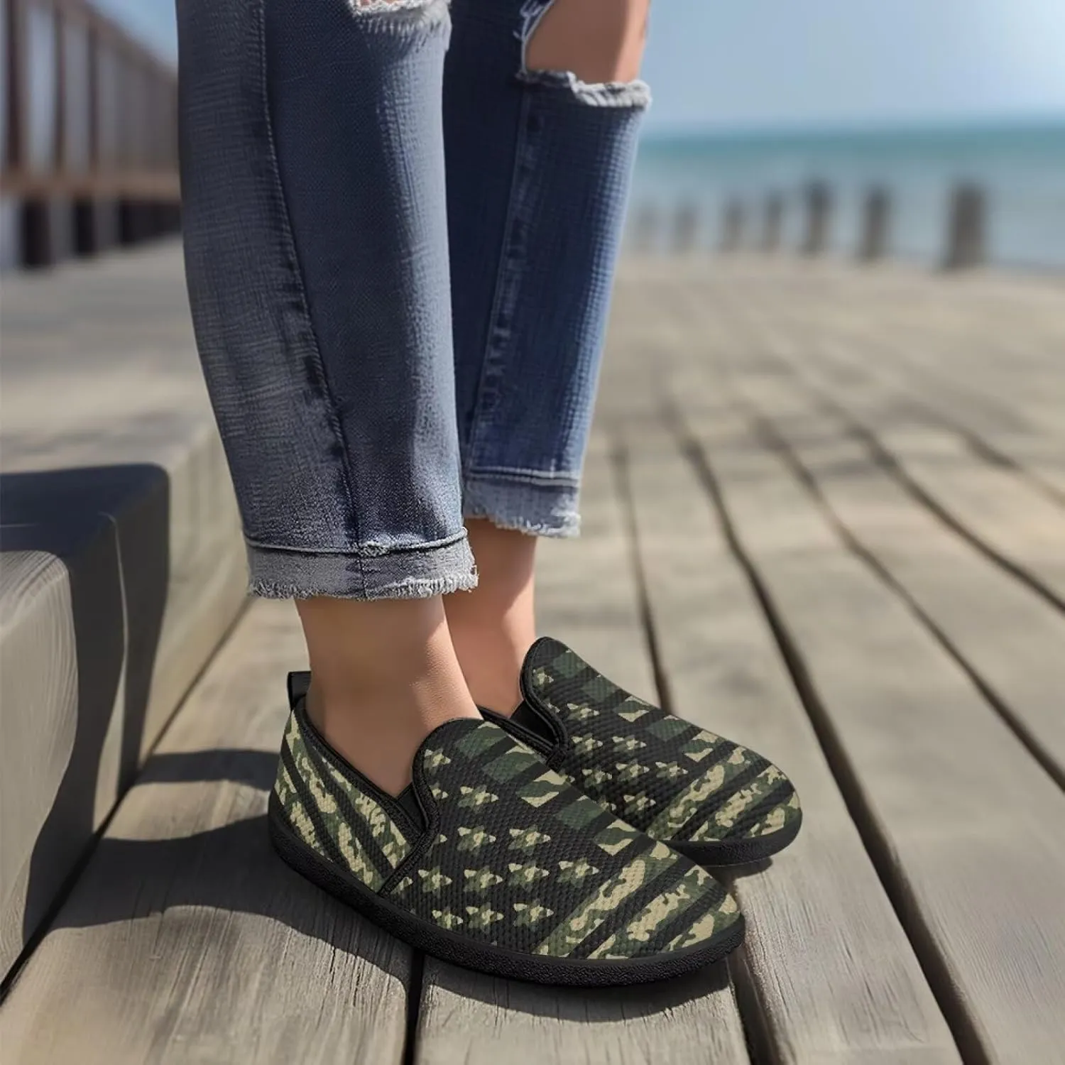 Jeiento American Flag Shoes Women's Slip-On Loafers Mesh Breathable Non Slip Lady Road Running Shoes Workout Sneakers