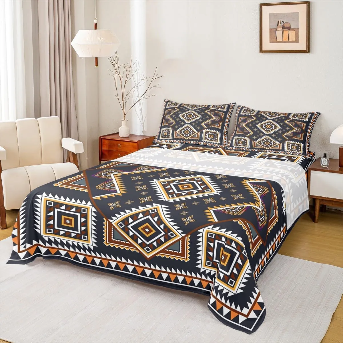 jejeloiu Boys Girls Aztec Bed Sheets Set King Size, Boho Bedding Set Bohemian Exotic Sheet Set Kids Mandala Teens Bedroom Decor Soft Bed Set 4Pcs