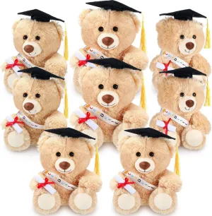 Jenaai 8 Pcs Graduation Bear 2025 with Black Cap 10 Inches Bulk Class of 2024 Soft Cute Bear Stuffed Animal Toys for Commemorative Celebratory Keepsakes Gift (Colorful Ribbon)