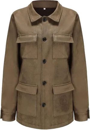 JEShifangjiusu Men'S Faux Suede Bomber Jacket Lightweight Buttons Leather Jackets Vintage Casual Solid Color Trucker Jacket