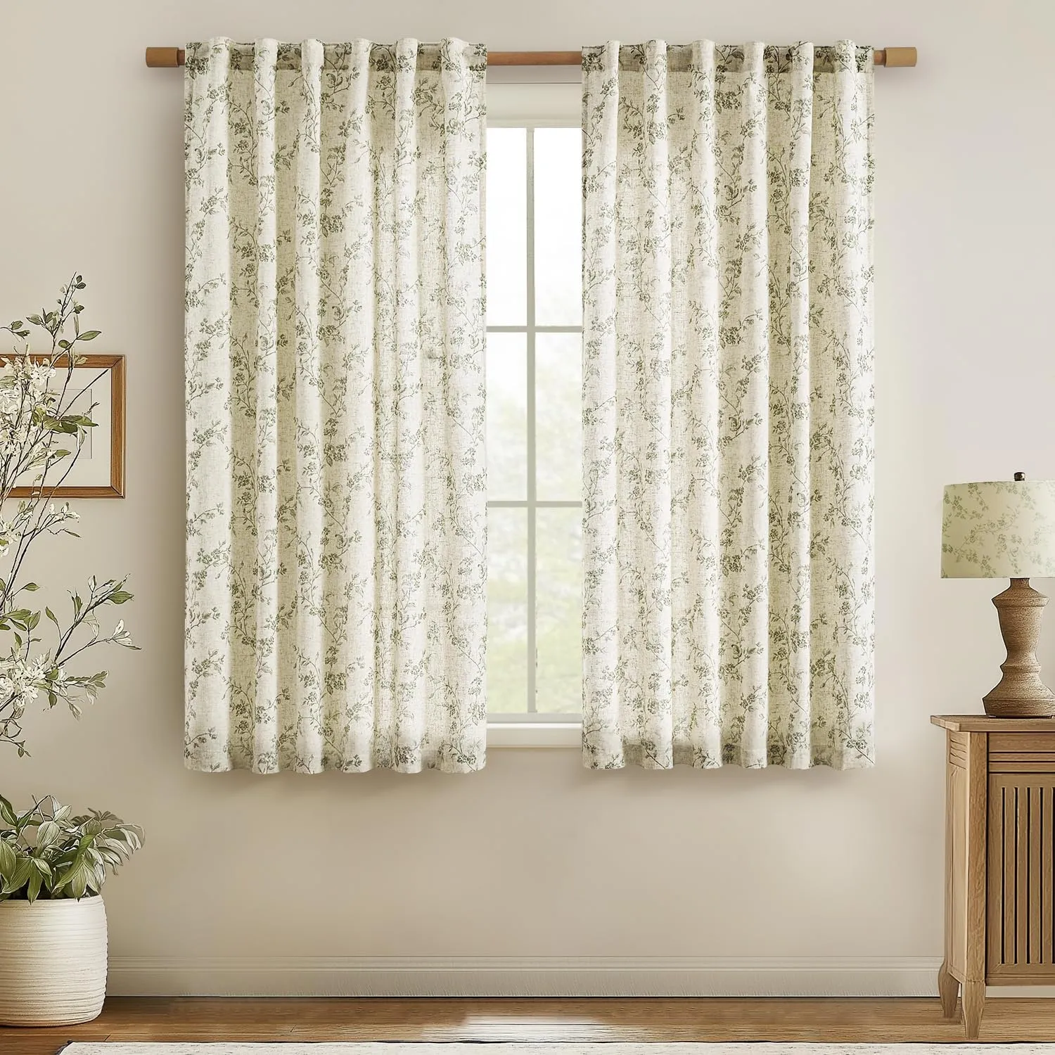 jinchan Linen Floral Curtains for Living Room 63 Inch Length Sage Green Printed Curtains Back Tab French Country Farmhouse Flower Patterned Drapes Bedroom Window Curtain Set 2 Panels