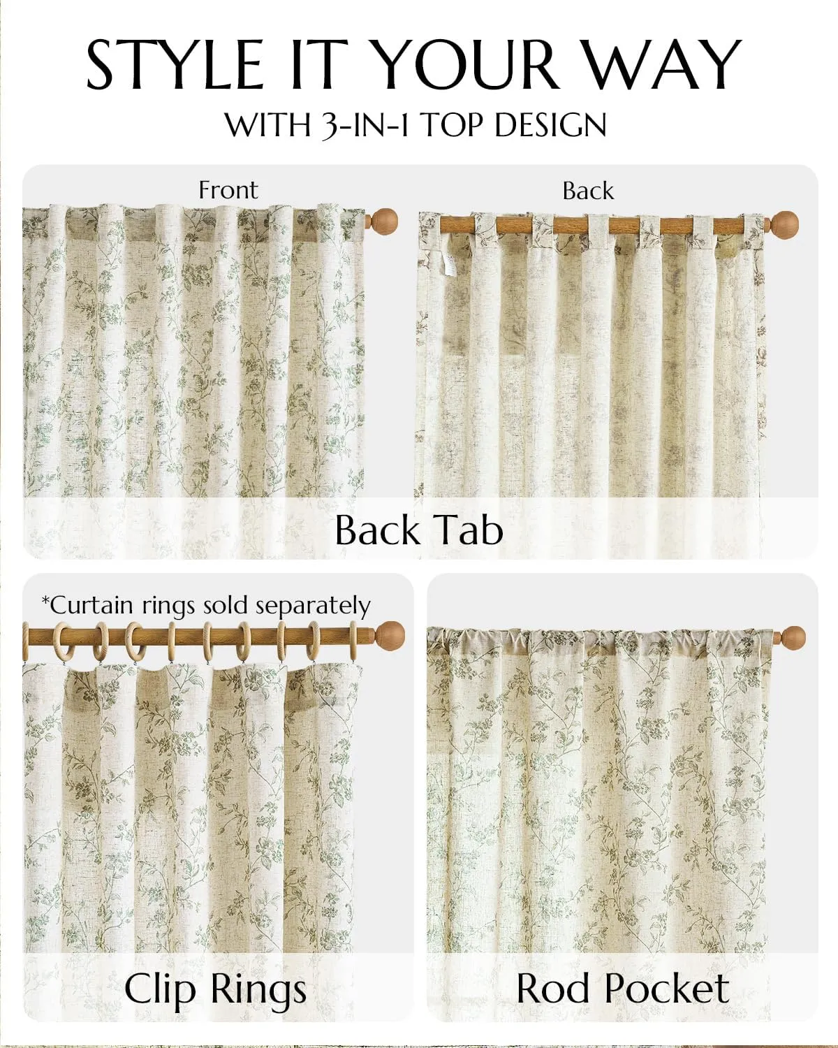 jinchan Linen Floral Curtains for Living Room 63 Inch Length Sage Green Printed Curtains Back Tab French Country Farmhouse Flower Patterned Drapes Bedroom Window Curtain Set 2 Panels