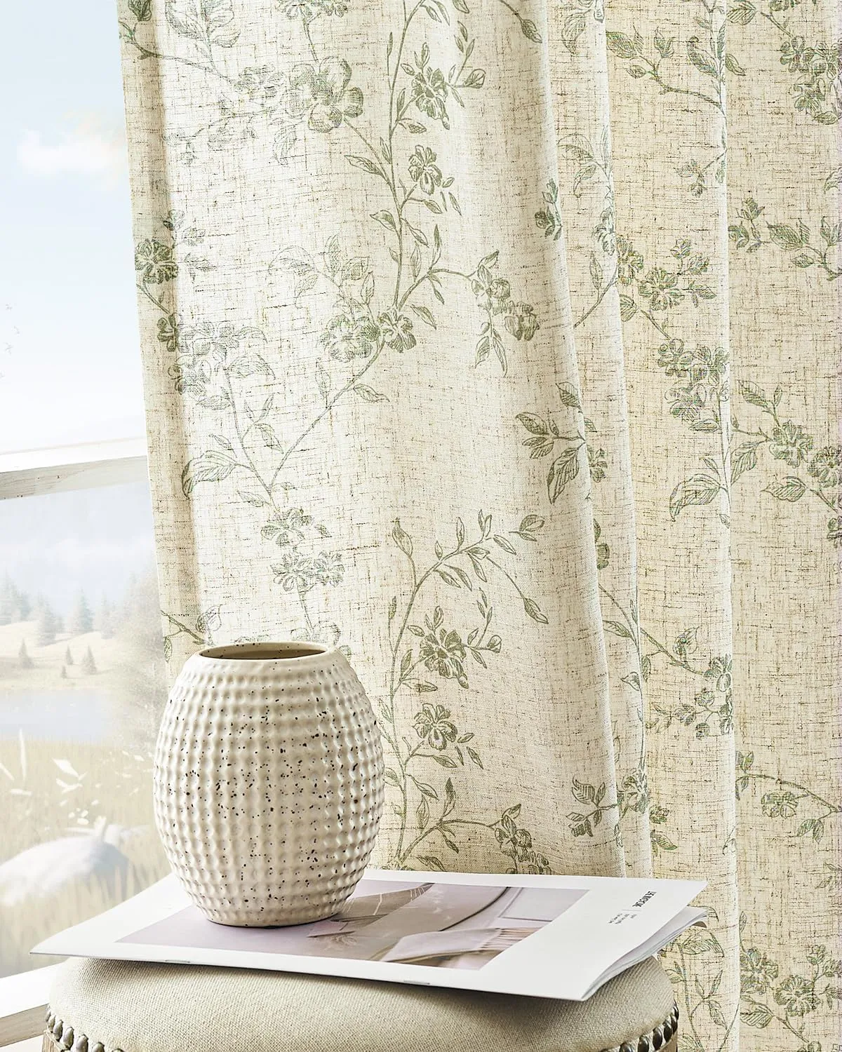 jinchan Linen Floral Curtains for Living Room 63 Inch Length Sage Green Printed Curtains Back Tab French Country Farmhouse Flower Patterned Drapes Bedroom Window Curtain Set 2 Panels