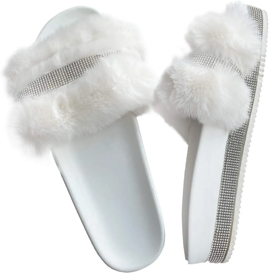 JITUUE light Slide Slippers for women Slip On heel Flats Platform with Faux Fur Rhinestone Outdoor Indoor Open Toe Sandals