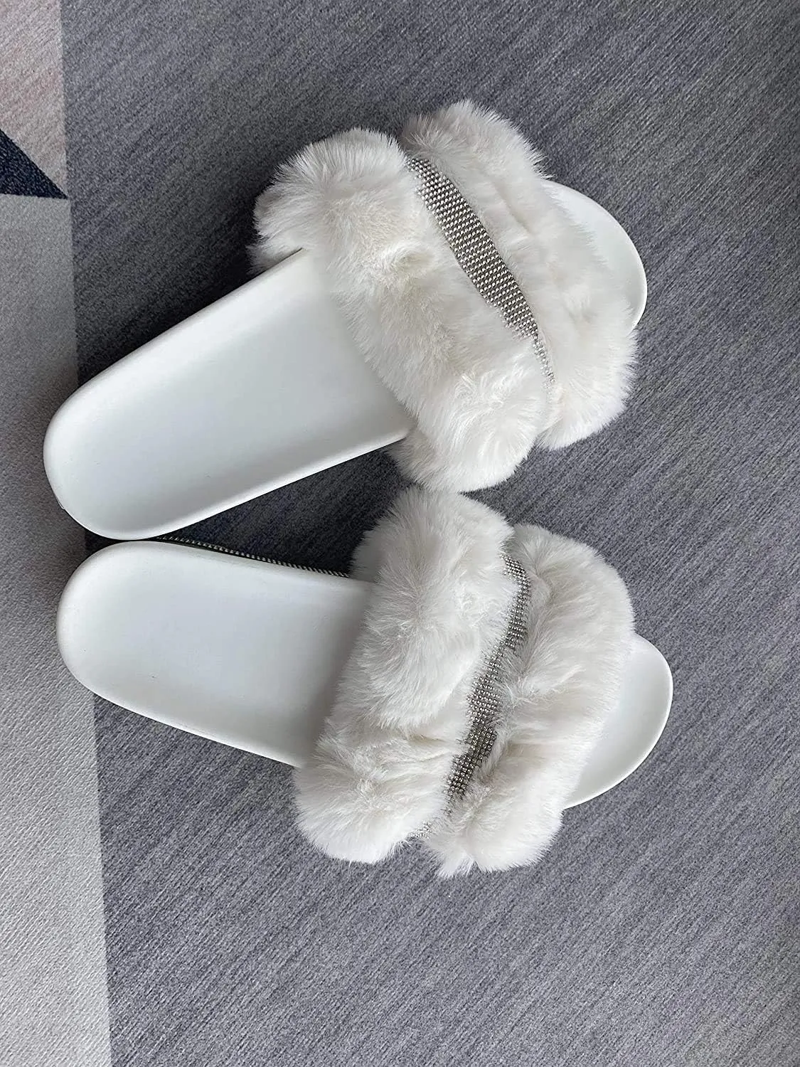 JITUUE light Slide Slippers for women Slip On heel Flats Platform with Faux Fur Rhinestone Outdoor Indoor Open Toe Sandals