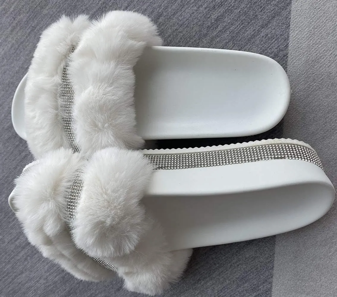 JITUUE light Slide Slippers for women Slip On heel Flats Platform with Faux Fur Rhinestone Outdoor Indoor Open Toe Sandals