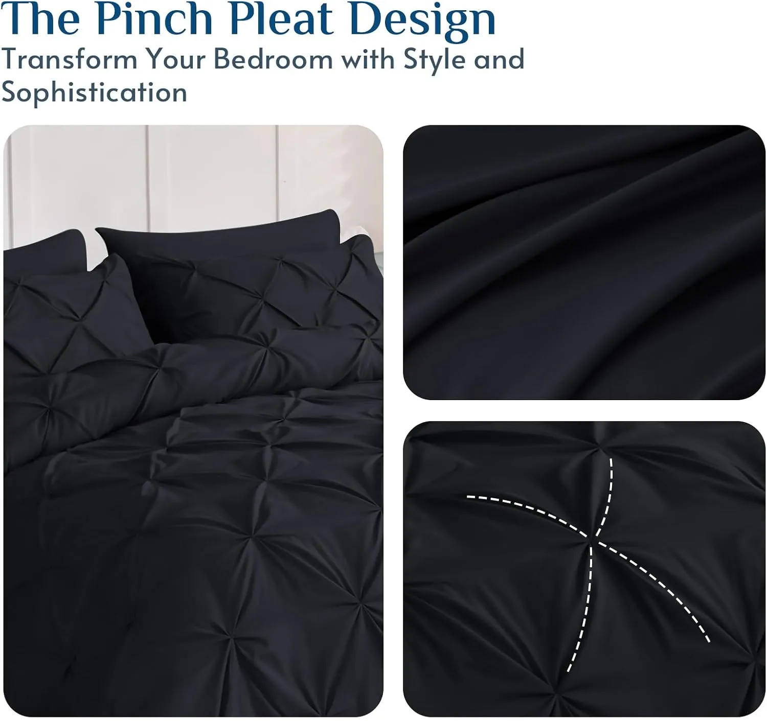 JOLLYVOGUE King Size Comforter Set 7 Pieces - Bed in a Bag King for All Season, Pintuck Bedding Comforter Sets with Comforter, Flat Sheet, Fitted Sheet and Pillowcases & Shams, Black