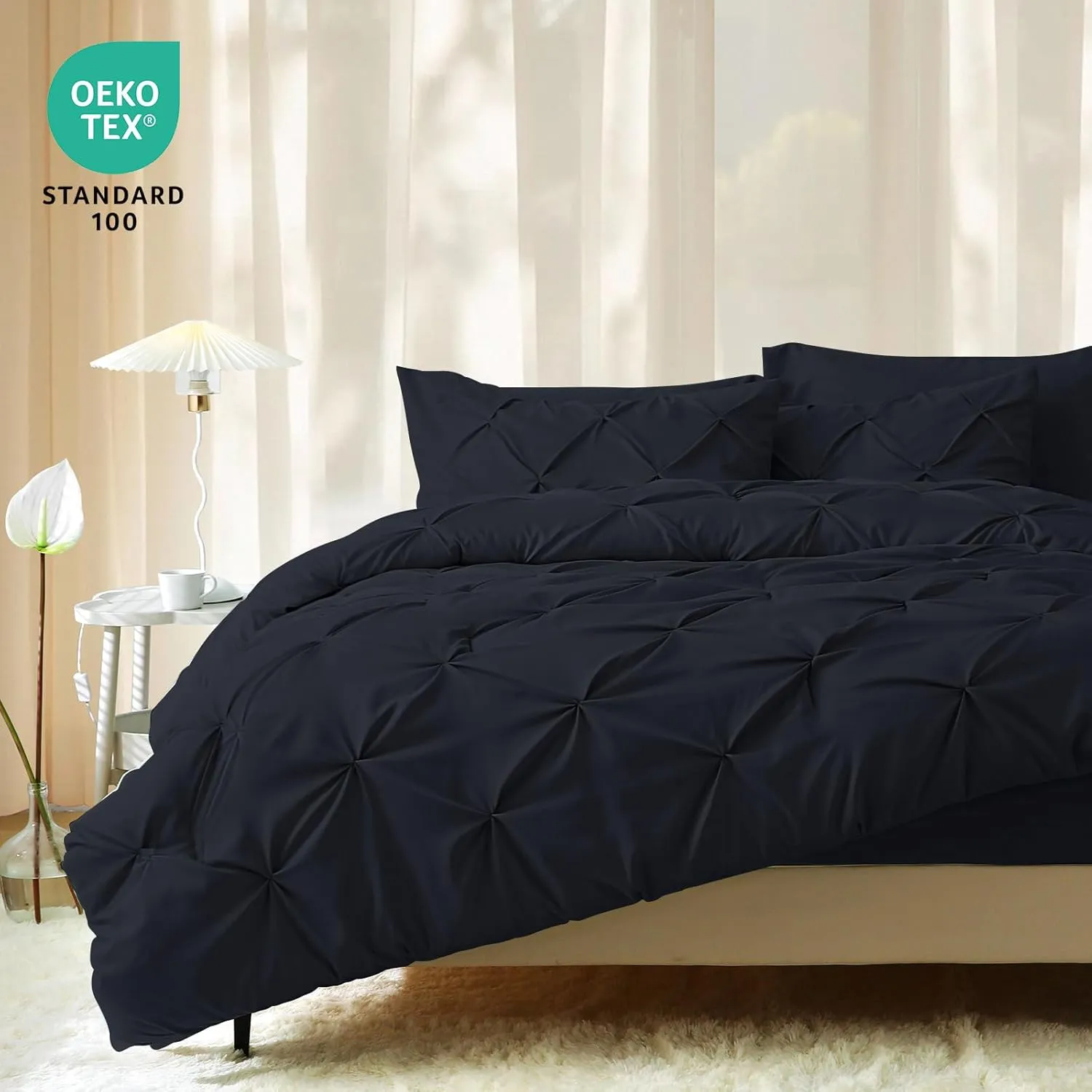 JOLLYVOGUE King Size Comforter Set 7 Pieces - Bed in a Bag King for All Season, Pintuck Bedding Comforter Sets with Comforter, Flat Sheet, Fitted Sheet and Pillowcases & Shams, Black