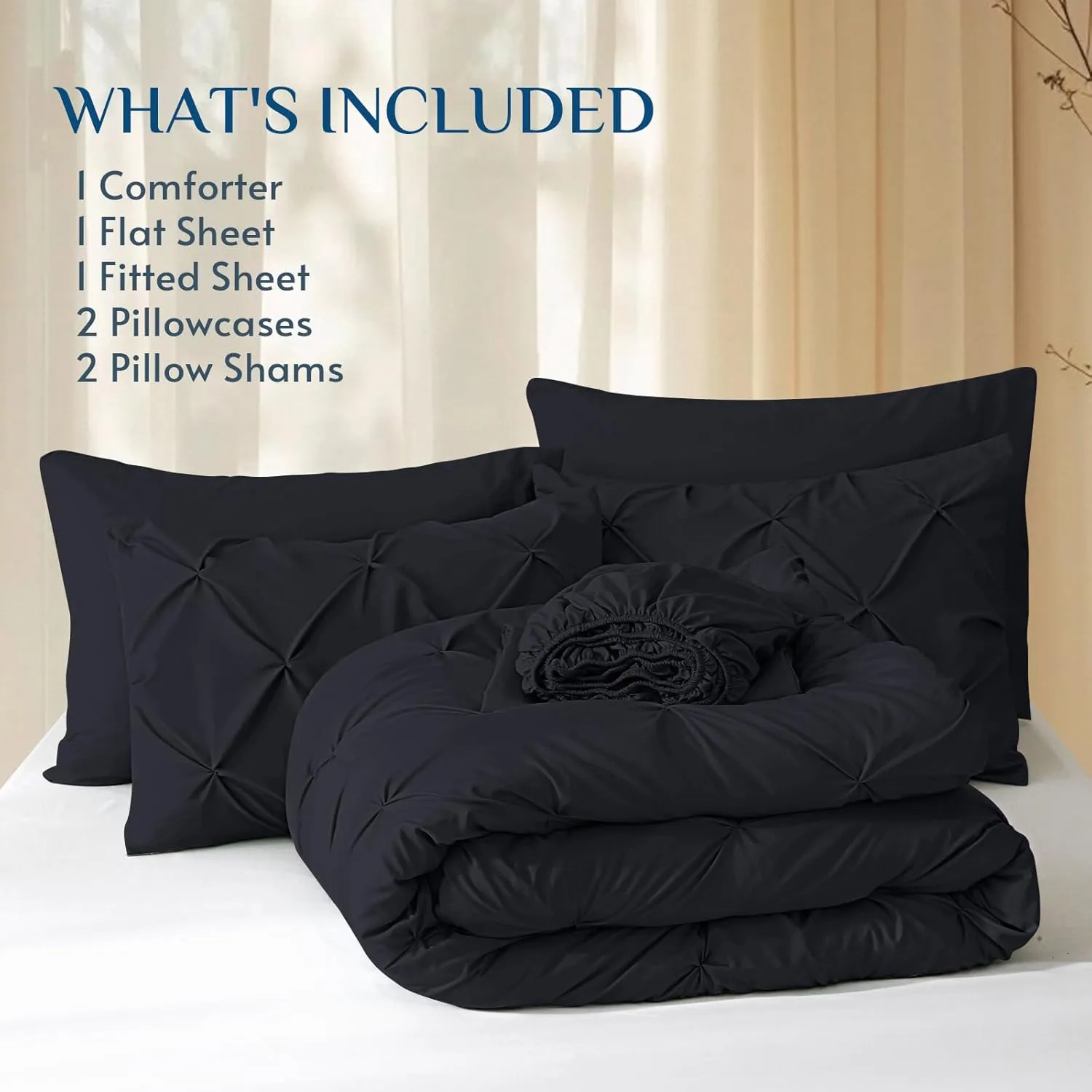 JOLLYVOGUE King Size Comforter Set 7 Pieces - Bed in a Bag King for All Season, Pintuck Bedding Comforter Sets with Comforter, Flat Sheet, Fitted Sheet and Pillowcases & Shams, Black