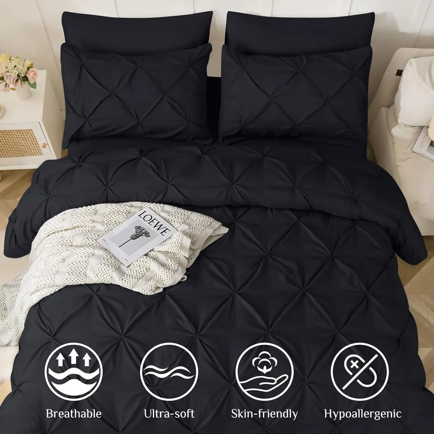 JOLLYVOGUE King Size Comforter Set 7 Pieces - Bed in a Bag King for All Season, Pintuck Bedding Comforter Sets with Comforter, Flat Sheet, Fitted Sheet and Pillowcases & Shams, Black