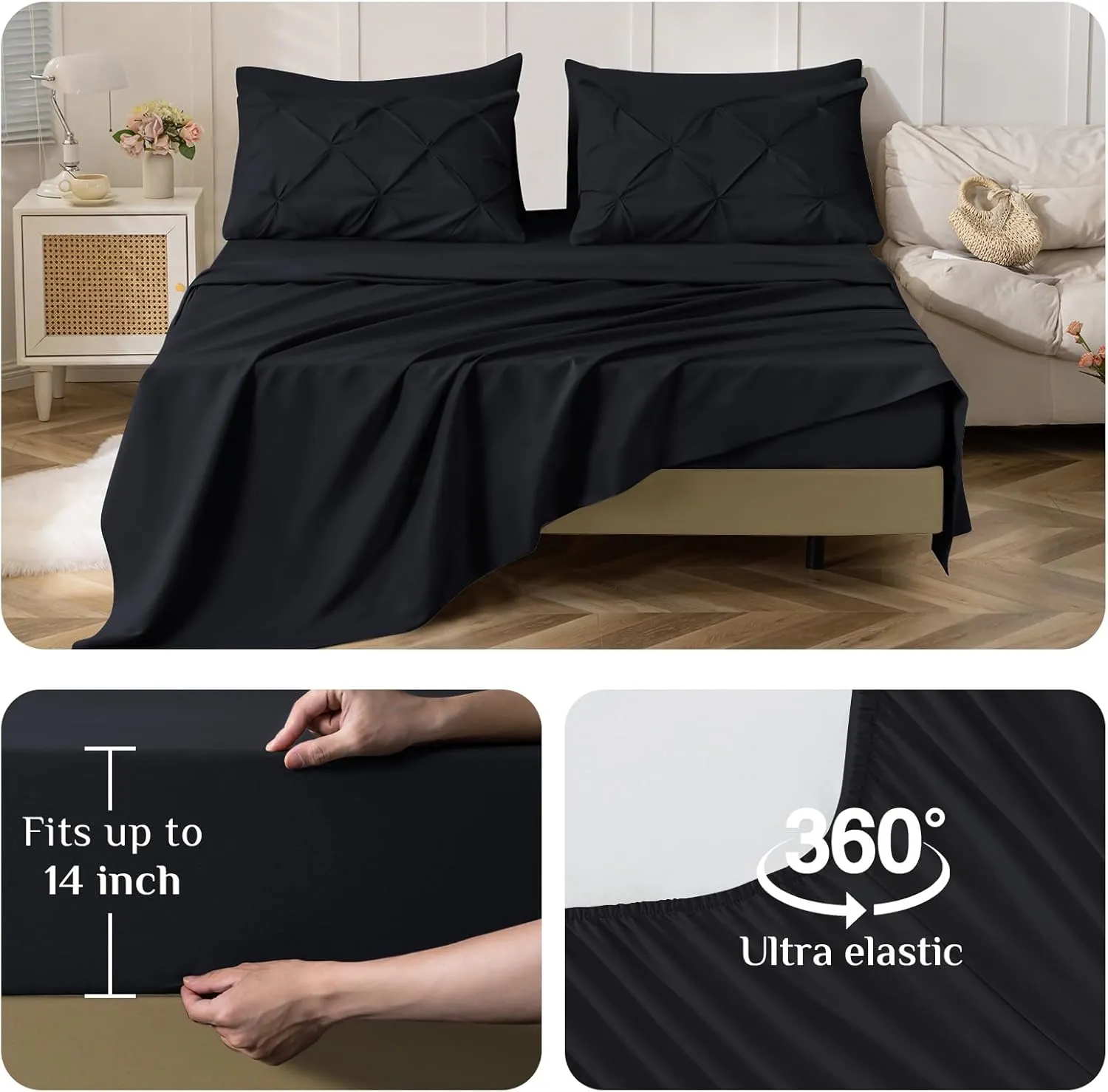 JOLLYVOGUE King Size Comforter Set 7 Pieces - Bed in a Bag King for All Season, Pintuck Bedding Comforter Sets with Comforter, Flat Sheet, Fitted Sheet and Pillowcases & Shams, Black