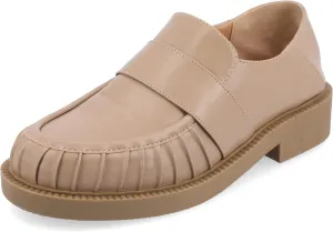 Journee Womens Ruched Lakenn Comfort Foam Slip On Closed Round Toe Crash Back Block Heel Loafer Flats Taupe, 5.5