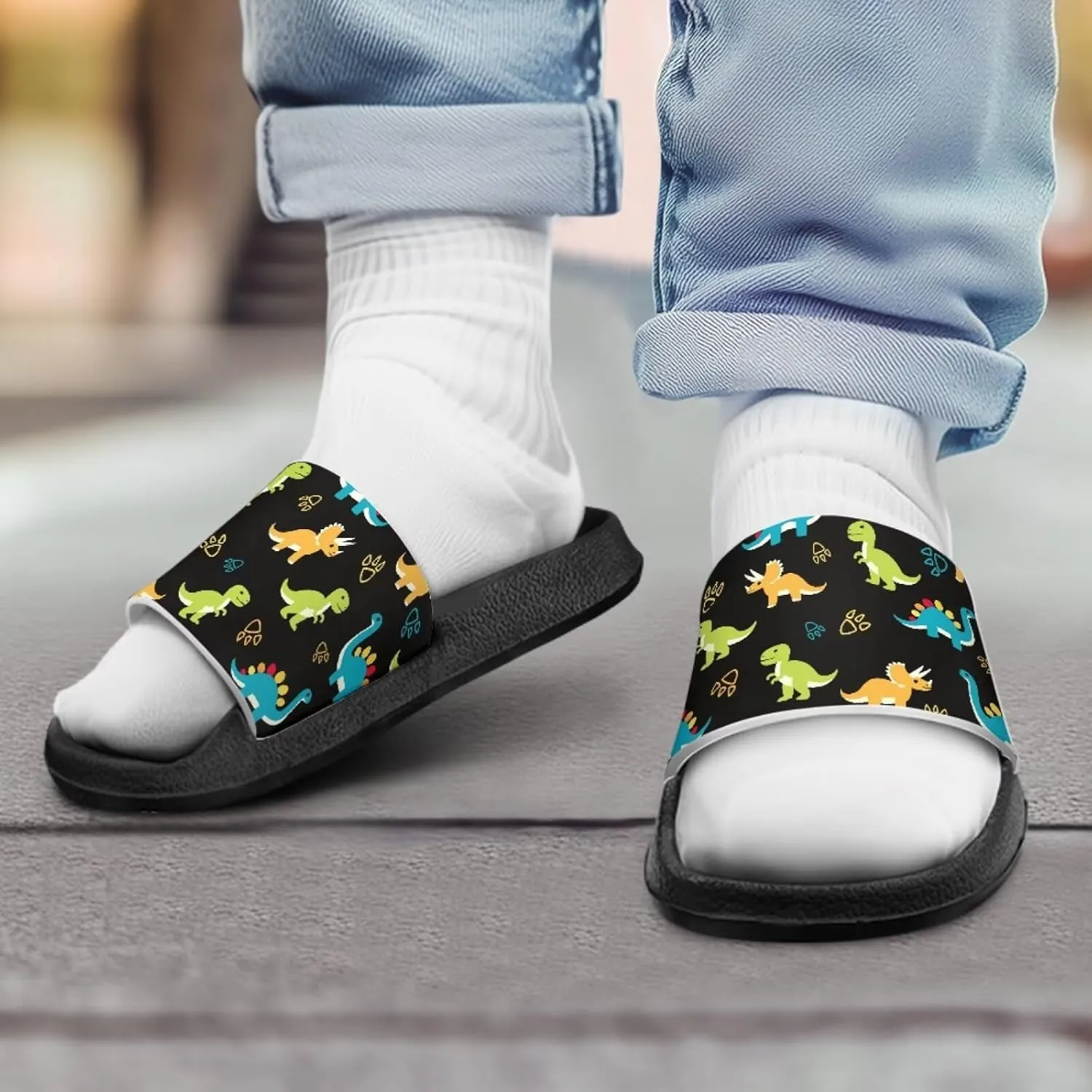 JoyLamoria Boys Dinosaur Print Sandals House Slides Kids Cloud Slippers Non-Slip Beach Pool Indoor Outdoor Open Toe Comfy
