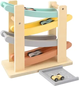 Joyreal Wooden Car Ramp Toy for 1-2 Year Old Boys and Girls - 4 Level Toddler Race Track with 4 Mini Cars & Garage - Montessori Toys for 1-3 Year Old Christmas Birthday Gifts