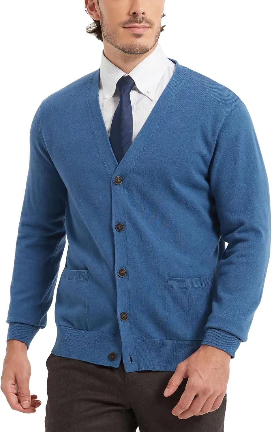 Kallspin Men’s Pure Cotton Cardigan Sweater V-Neck Button Down Cardigan Lightweight Knitwear with Pockets