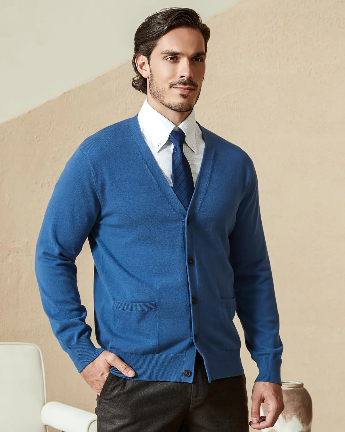 Kallspin Men’s Pure Cotton Cardigan Sweater V-Neck Button Down Cardigan Lightweight Knitwear with Pockets