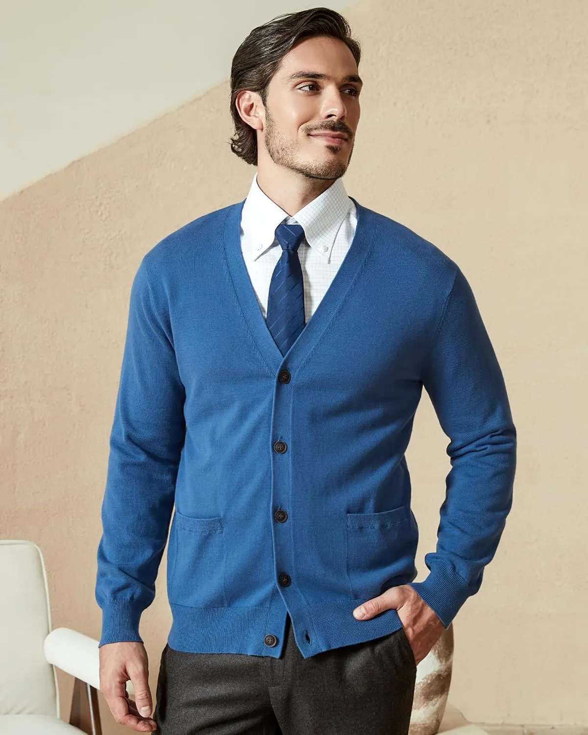 Kallspin Men’s Pure Cotton Cardigan Sweater V-Neck Button Down Cardigan Lightweight Knitwear with Pockets