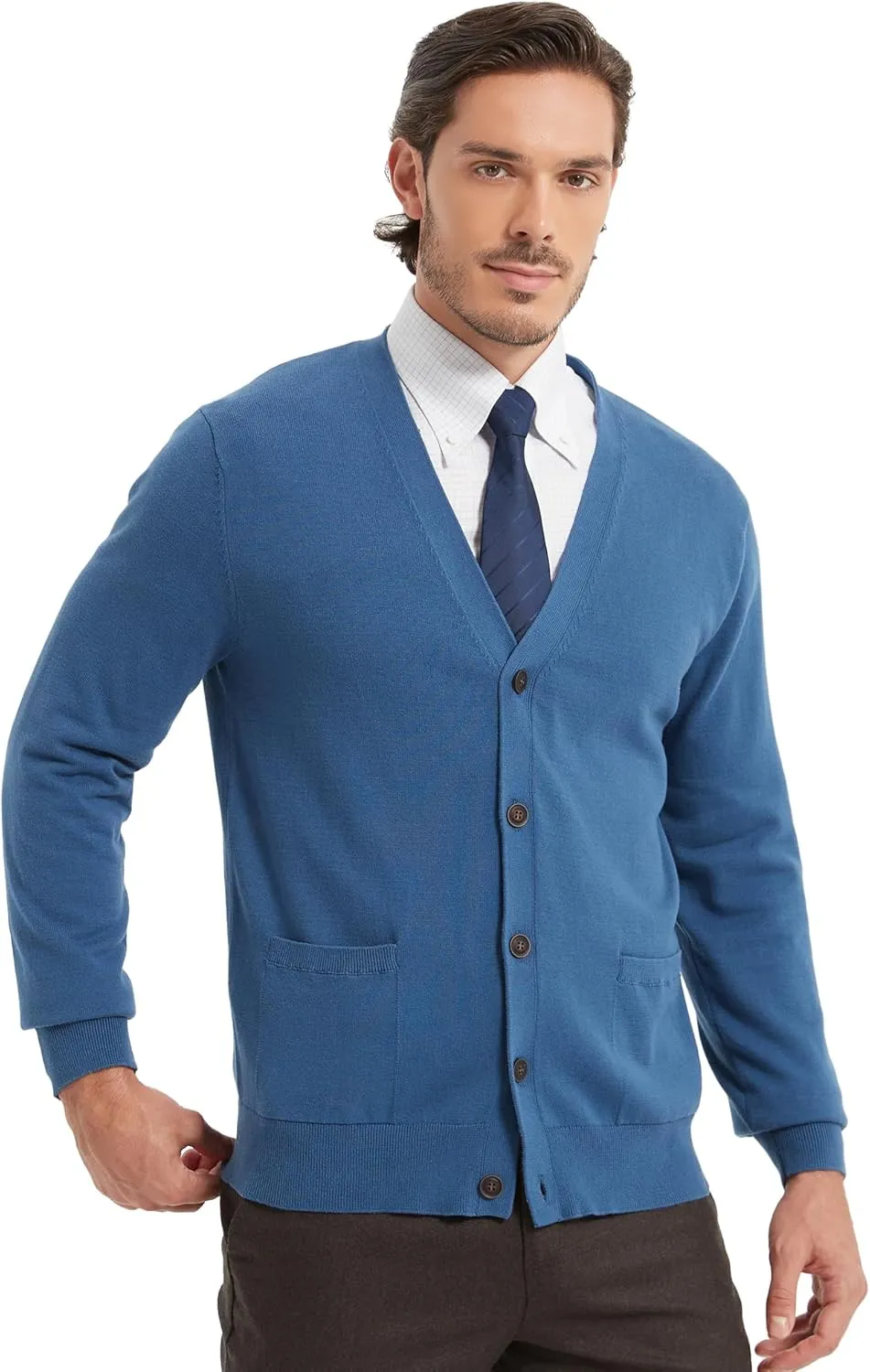 Kallspin Men’s Pure Cotton Cardigan Sweater V-Neck Button Down Cardigan Lightweight Knitwear with Pockets