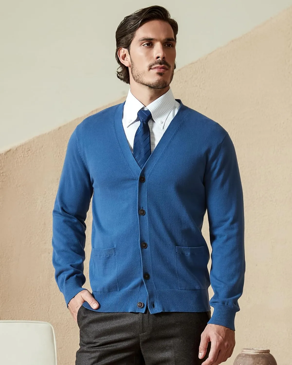 Kallspin Men’s Pure Cotton Cardigan Sweater V-Neck Button Down Cardigan Lightweight Knitwear with Pockets