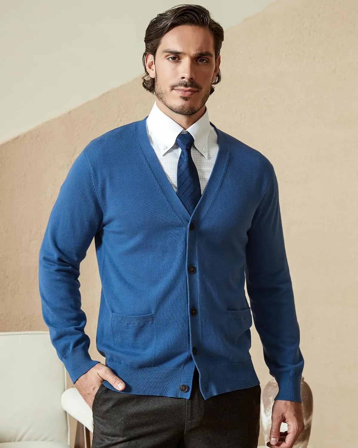 Kallspin Men’s Pure Cotton Cardigan Sweater V-Neck Button Down Cardigan Lightweight Knitwear with Pockets