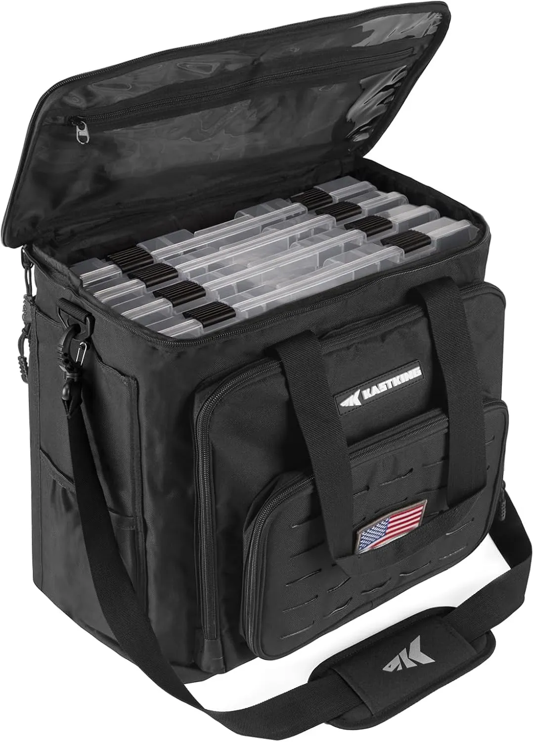 KastKing Karryall Fishing Tackle Bags with 4 * 3700 Tackle Trays, Fishing Bags for Saltwater or Freshwater Fishing - Fishing Gear Storage, Black