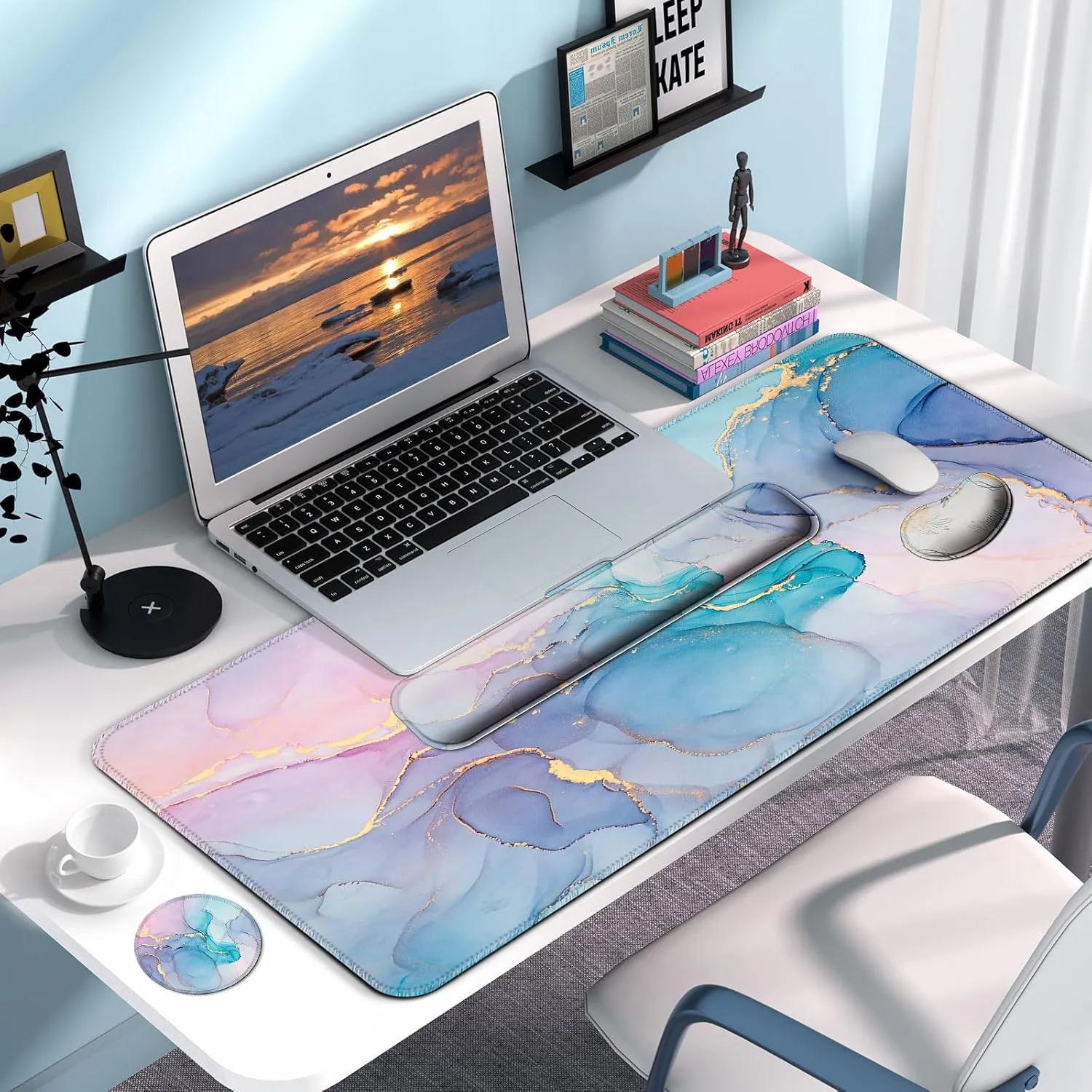 Keyboard Wrist Rest   Mouse Pad with Wrist Support   Desk Mat   Coaster 4 in 1 Set, XXL Large Gaming Mousepad Cute Ergonomic Mouse Pads for Desk Computer Laptop Office Decor-Blue Gold Marble