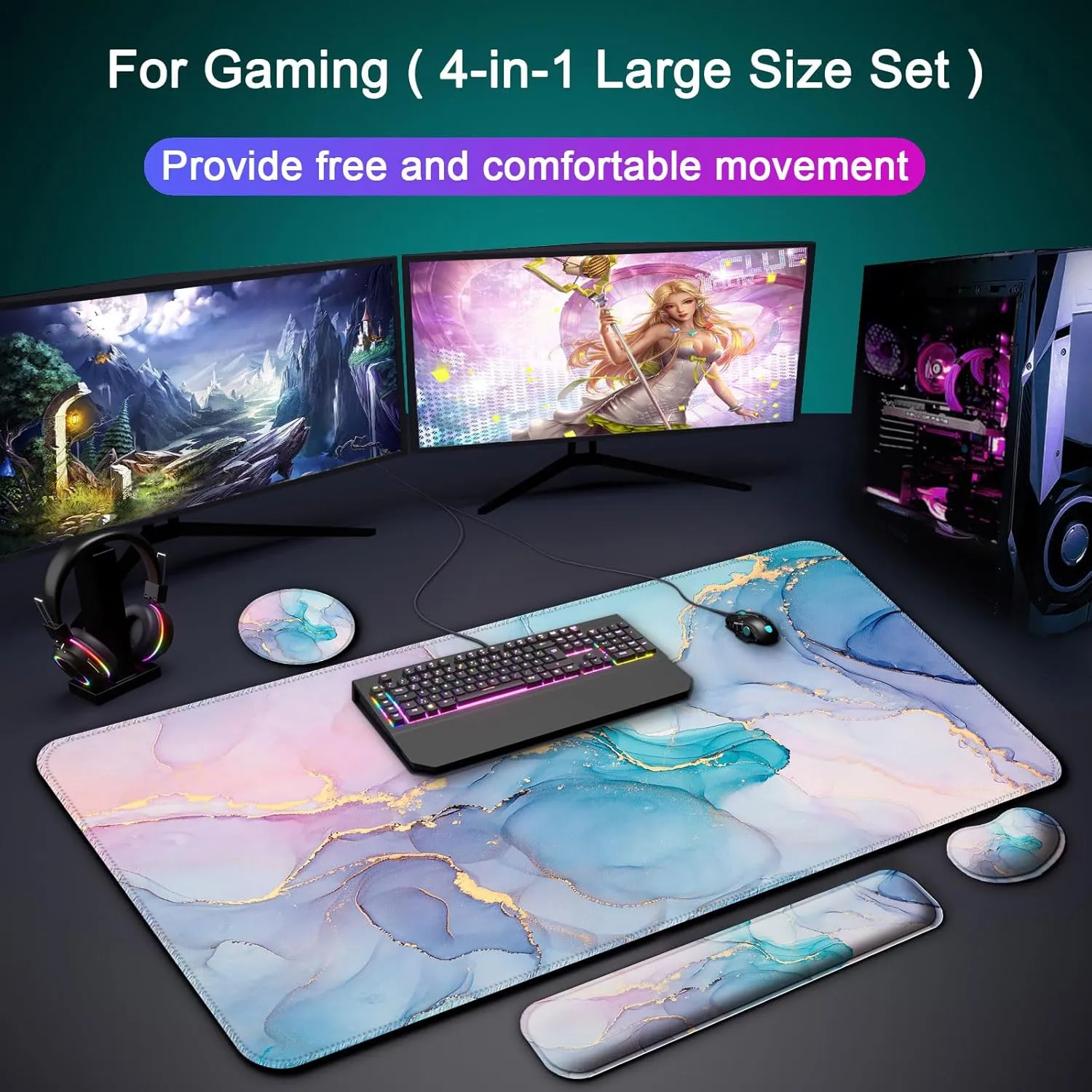 Keyboard Wrist Rest   Mouse Pad with Wrist Support   Desk Mat   Coaster 4 in 1 Set, XXL Large Gaming Mousepad Cute Ergonomic Mouse Pads for Desk Computer Laptop Office Decor-Blue Gold Marble