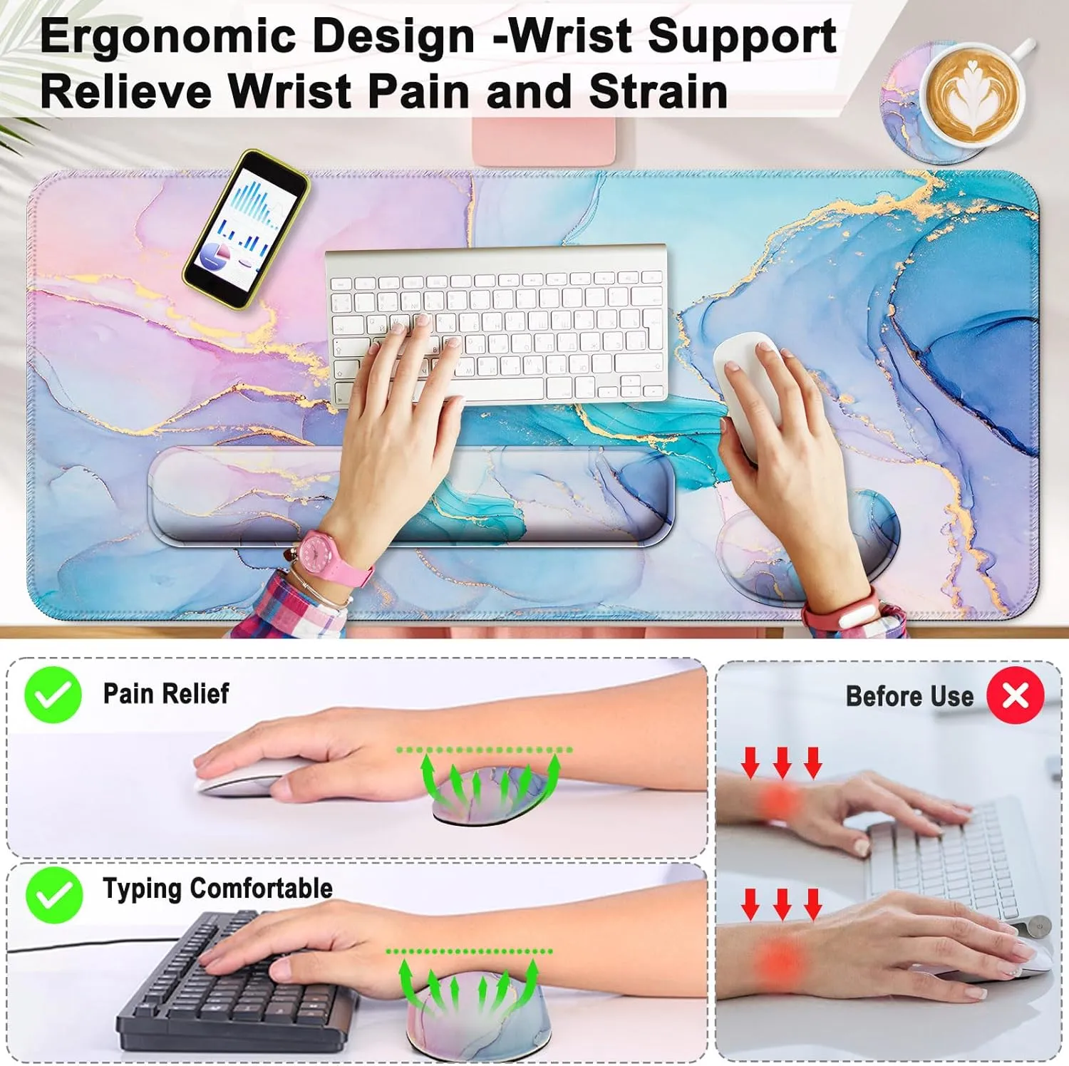 Keyboard Wrist Rest   Mouse Pad with Wrist Support   Desk Mat   Coaster 4 in 1 Set, XXL Large Gaming Mousepad Cute Ergonomic Mouse Pads for Desk Computer Laptop Office Decor-Blue Gold Marble
