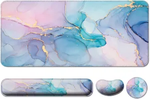 Keyboard Wrist Rest   Mouse Pad with Wrist Support   Desk Mat   Coaster 4 in 1 Set, XXL Large Gaming Mousepad Cute Ergonomic Mouse Pads for Desk Computer Laptop Office Decor-Blue Gold Marble