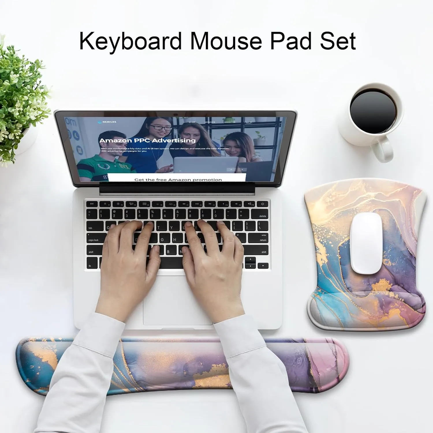 Keyboard Wrist Rest Pad and Ergonomic Mouse Pad with Wrist Support Gel Set, Non-Slip Rubber Base, Cute Mouse Pad for Easy Typing & Pain Relief, for Gaming, Computer, Office -Purple Blue Marble