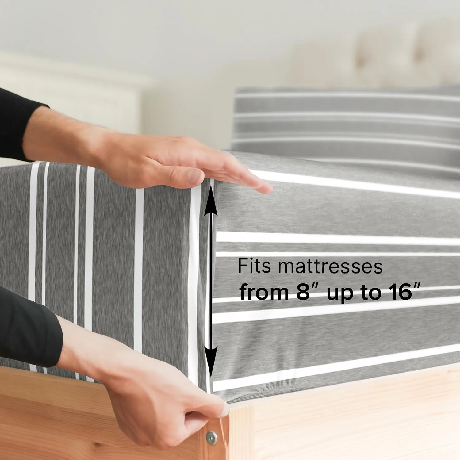 King Size Fitted Bed Sheet - Hotel Luxury Single Fitted Bottom Sheet Only - Fits Mattress Between 8 to 16 inches - Deep Pockets, Extra Soft and Wrinkle Free - Comfy Breathable & Cooling - Grey Stripes