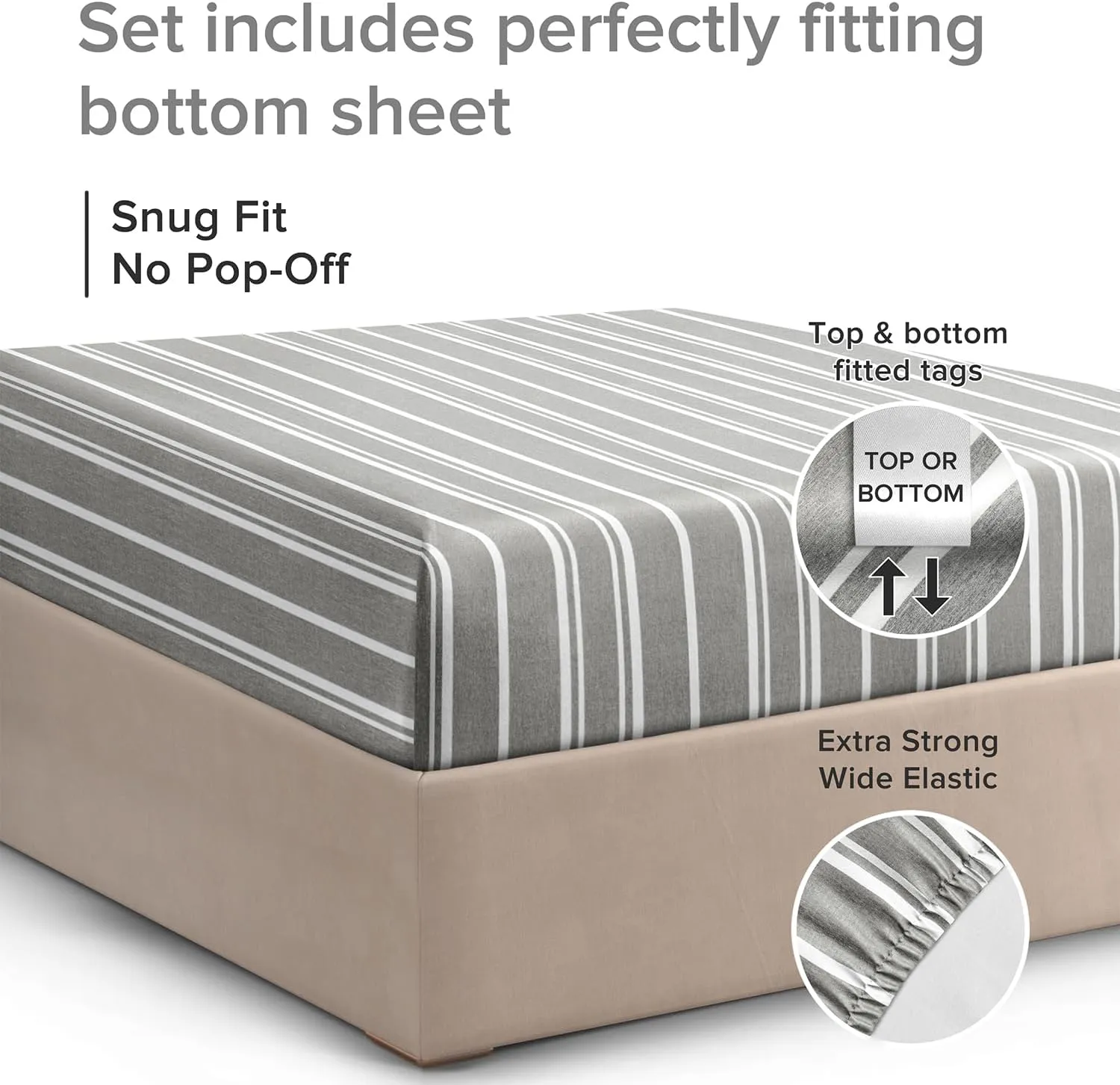 King Size Fitted Bed Sheet - Hotel Luxury Single Fitted Bottom Sheet Only - Fits Mattress Between 8 to 16 inches - Deep Pockets, Extra Soft and Wrinkle Free - Comfy Breathable & Cooling - Grey Stripes