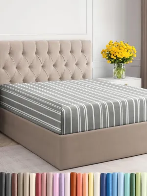 King Size Fitted Bed Sheet - Hotel Luxury Single Fitted Bottom Sheet Only - Fits Mattress Between 8 to 16 inches - Deep Pockets, Extra Soft and Wrinkle Free - Comfy Breathable & Cooling - Grey Stripes