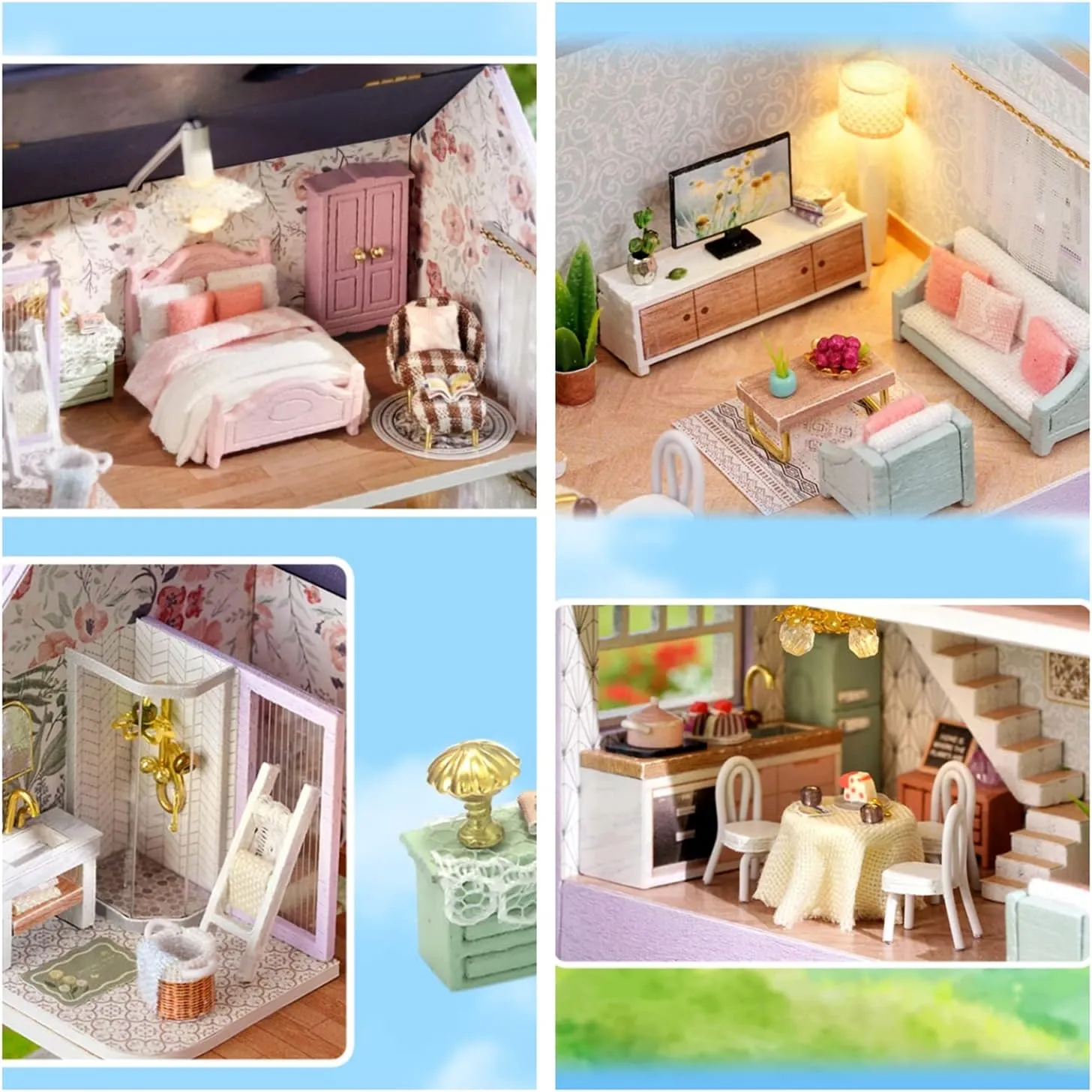 Kisoy Romantic and Cute Dollhouse Miniature DIY House Kit Creative Room Perfect DIY Gift for Friends, Lovers and Families (Happy House)