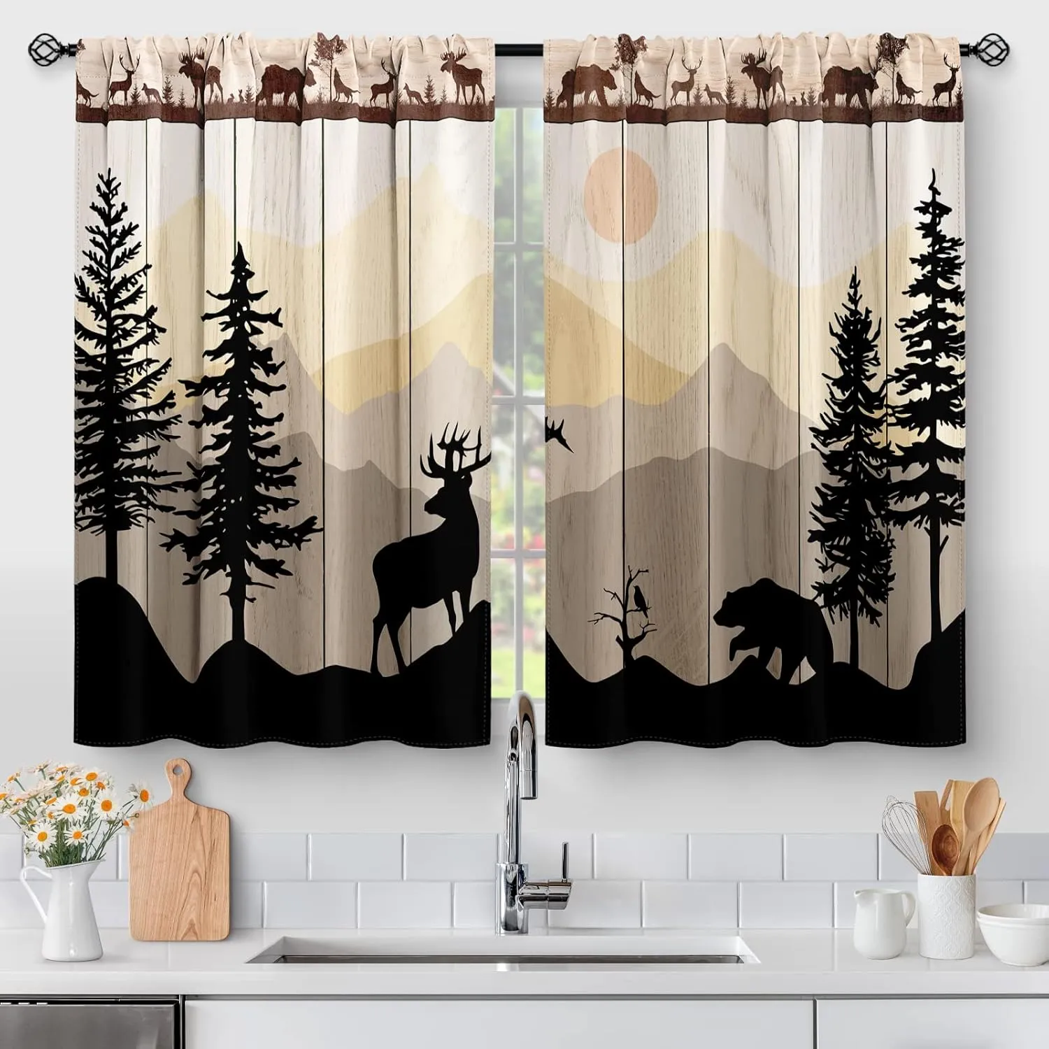 Kitchen Curtains Forest Sunset - Country Rustic Farmhouse Short Cafe Curtains Decor for Dining Room Tier Curtains Over Sink Retro Tree Bear Deer Rod Pocket Window Drapes 36 Inch Length 2 Panels