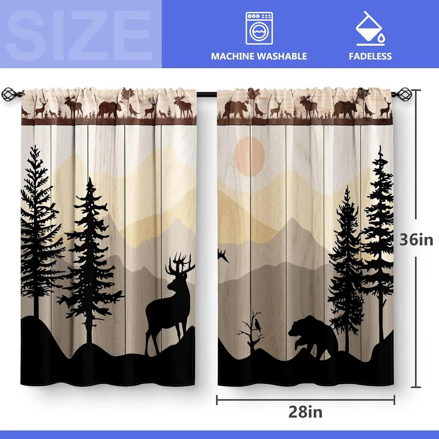 Kitchen Curtains Forest Sunset - Country Rustic Farmhouse Short Cafe Curtains Decor for Dining Room Tier Curtains Over Sink Retro Tree Bear Deer Rod Pocket Window Drapes 36 Inch Length 2 Panels
