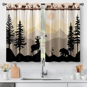 Kitchen Curtains Forest Sunset - Country Rustic Farmhouse Short Cafe Curtains Decor for Dining Room Tier Curtains Over Sink Retro Tree Bear Deer Rod Pocket Window Drapes 36 Inch Length 2 Panels