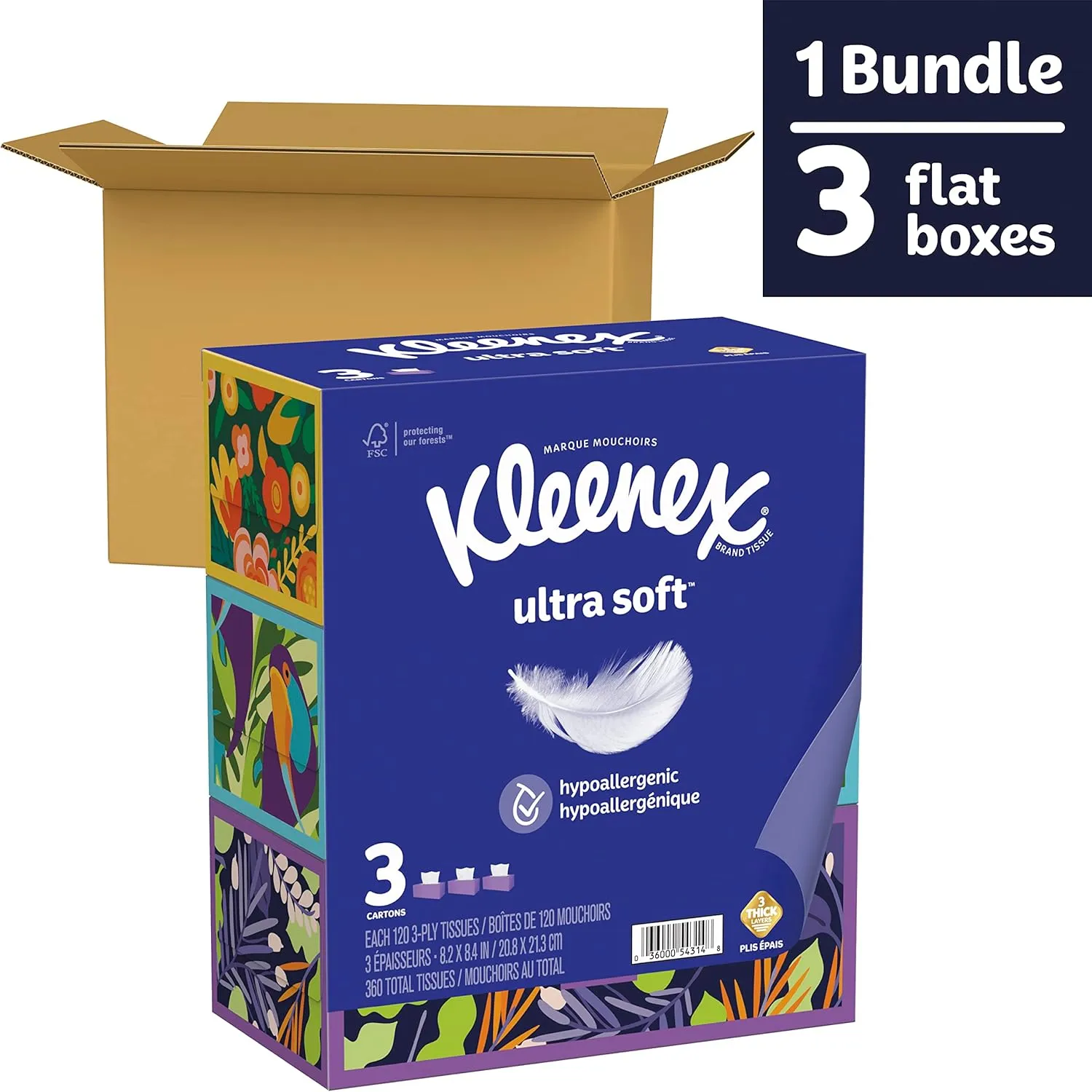 Kleenex Ultra Soft Facial Tissues, 3 Flat Boxes, 120 Tissues per Box, 3-Ply (360 Total Tissues), Packaging May Vary (Pack of 2)