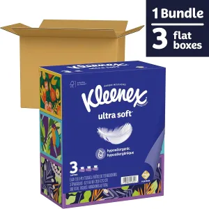 Kleenex Ultra Soft Facial Tissues, 3 Flat Boxes, 120 Tissues per Box, 3-Ply (360 Total Tissues), Packaging May Vary (Pack of 2)