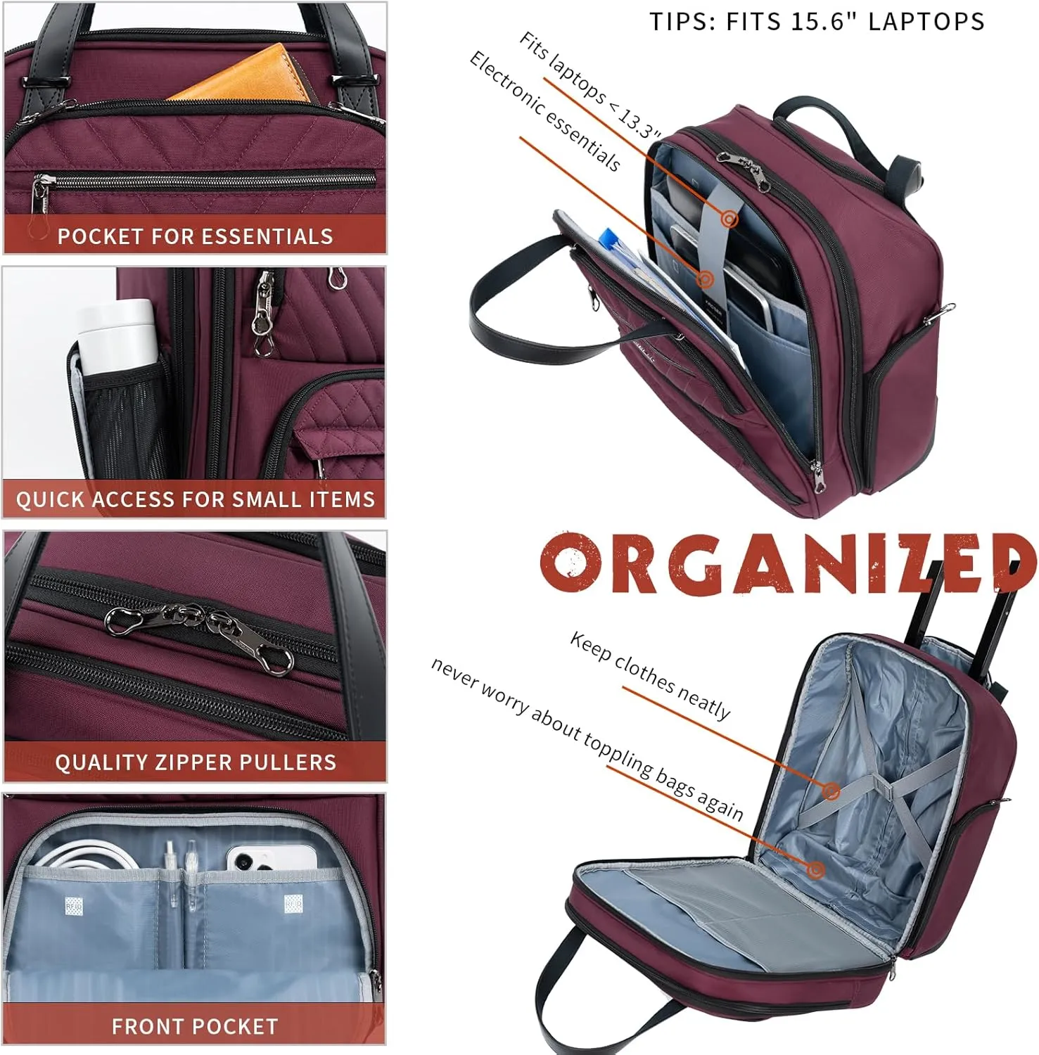 KROSER Carry On Underseat Multi-functional, 16-inch Underseater Lightweight Overnight Suitcase for Women, Burgundy