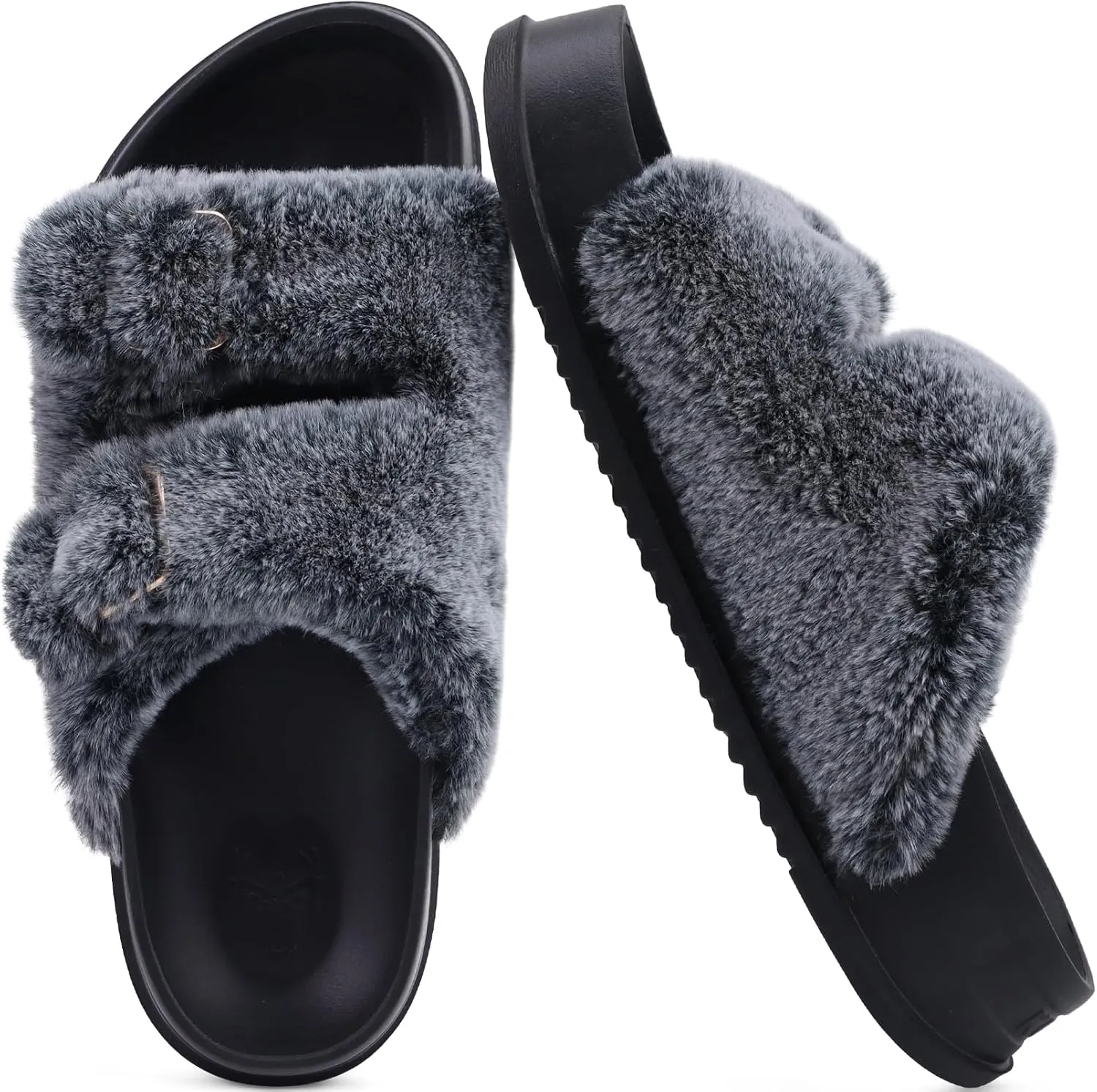 KuaiLu Women's Fluff Slippers Plantar Fasciitis Arch Support Platform Slippers Ladies Fashion Open Toe Faux Fur Sliders Womens House Slipper Size 6-12