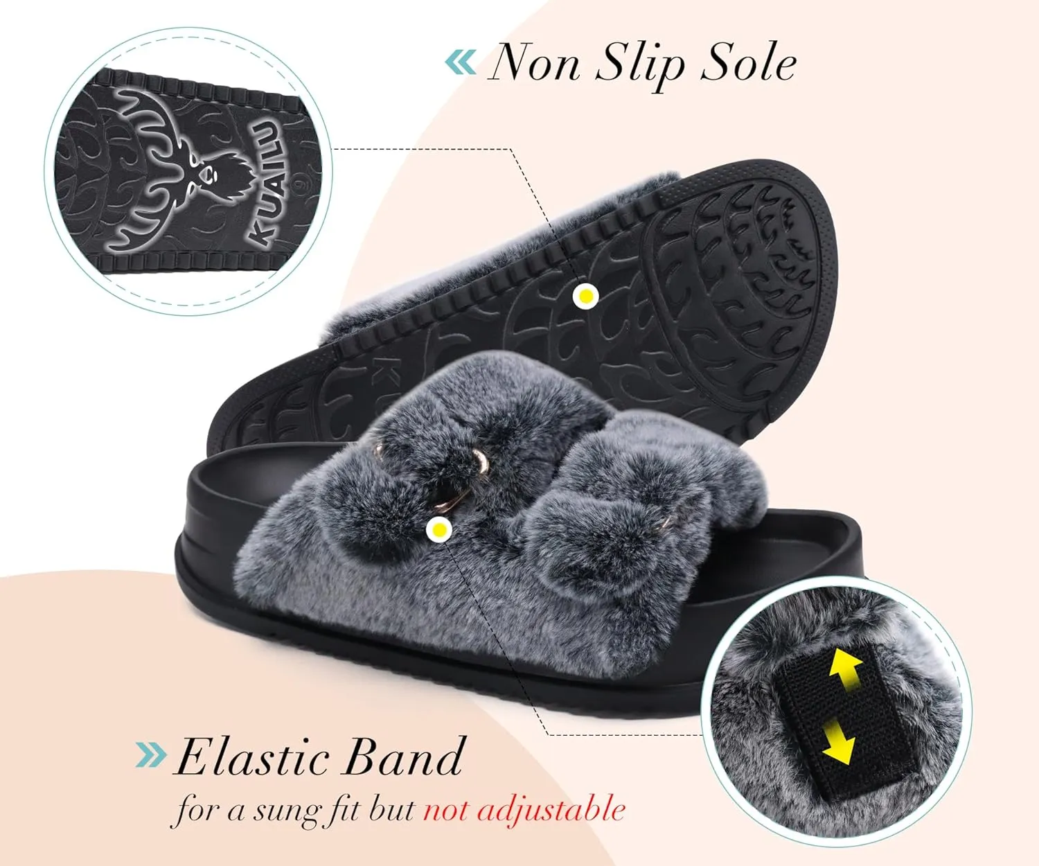 KuaiLu Women's Fluff Slippers Plantar Fasciitis Arch Support Platform Slippers Ladies Fashion Open Toe Faux Fur Sliders Womens House Slipper Size 6-12