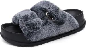 KuaiLu Women's Fluff Slippers Plantar Fasciitis Arch Support Platform Slippers Ladies Fashion Open Toe Faux Fur Sliders Womens House Slipper Size 6-12